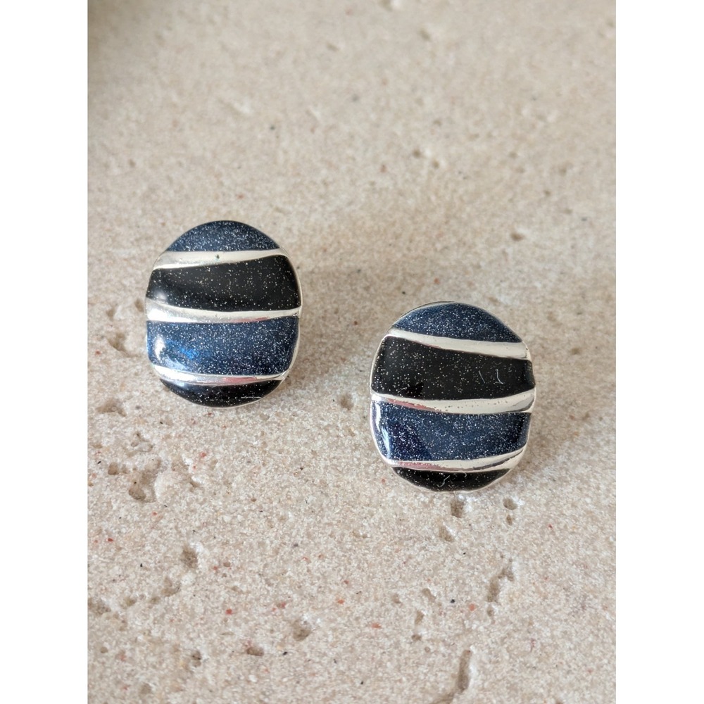 Enamel‎ Stud Earrings In Midnight Blue Glitter Swirls Celestial Silver Tone